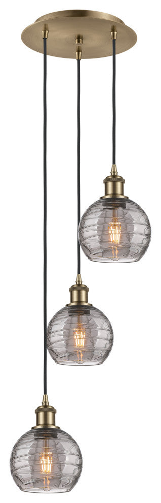 Ballston-Athens Deco Swirl 3-Light 13" Cord Pendant, Antique Brass, Light Smoke