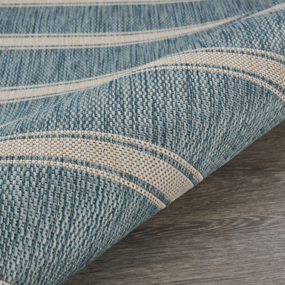 8" Round Teal Striped Indoor Outdoor Area Rug