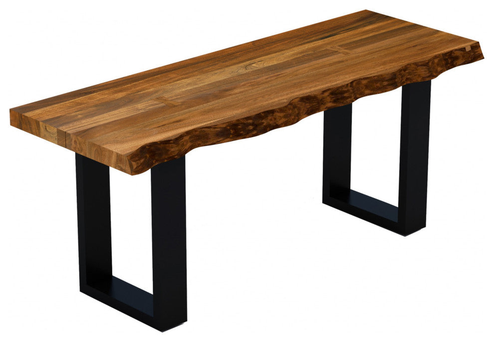 HomeRoots 43" Live Edge Acacia Wood Bench With Black Metal Legs