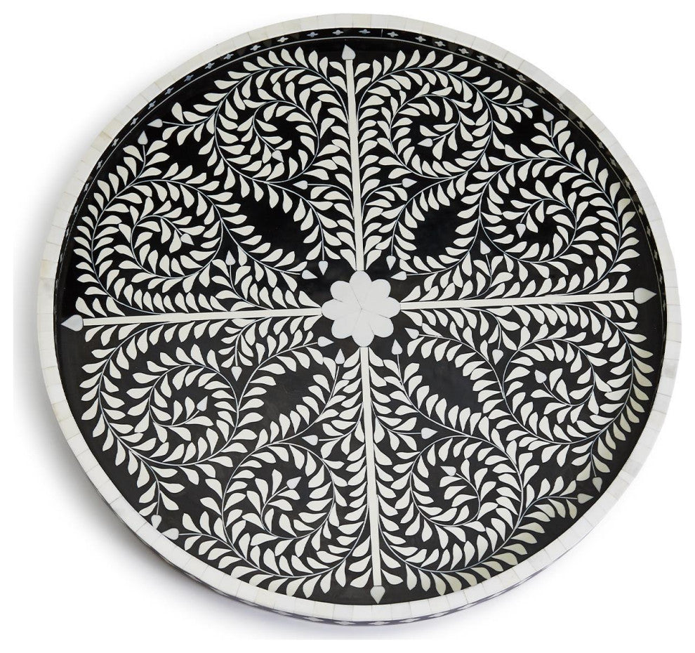 Two's Company Jaipur Palace Black and White Decorative Round Serving Tray