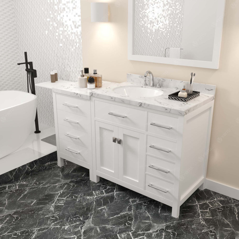 Caroline Parkway 57" Bath Vanity, White With Marble Quartz Top