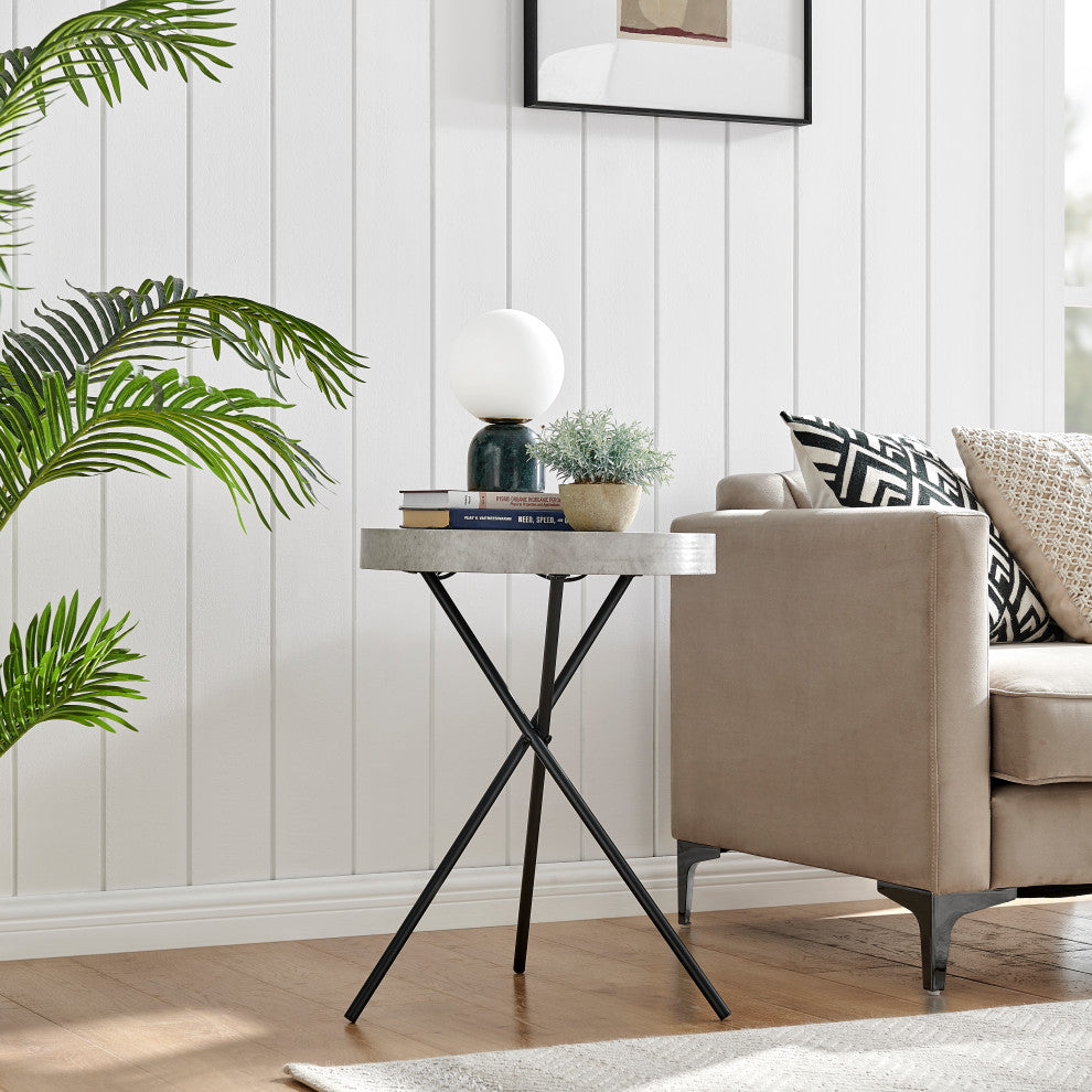Circular Modern Grey Concrete Finish Black Metal Legs Accent Table