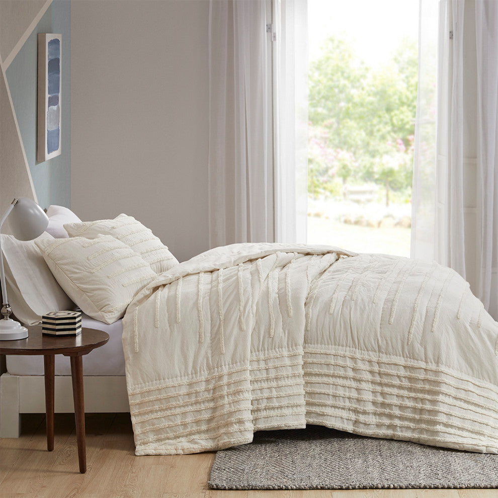 Urban Habitat Mercer 3 Piece Cotton Quilt Set With Chenille Trims, Ivory