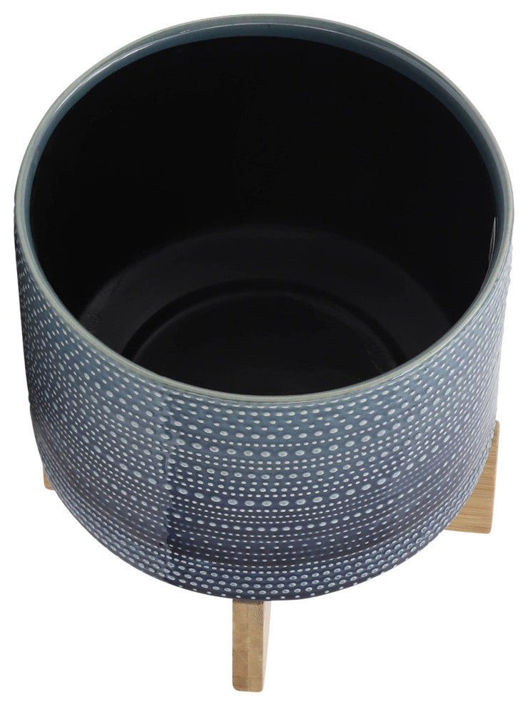 8" Dotted Planter With Wood Stand, Blue