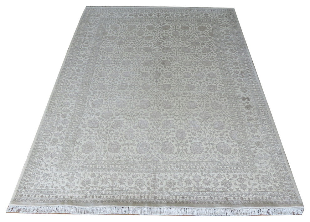 9x12 Hand Knotted Tone On Tone Fine Tabriz Ivory With Silk Oriental Rug