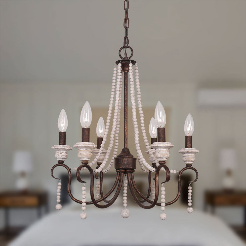 6-Light French Country chandelier With Wood Bead Strings Distressed Wood, Rusty
