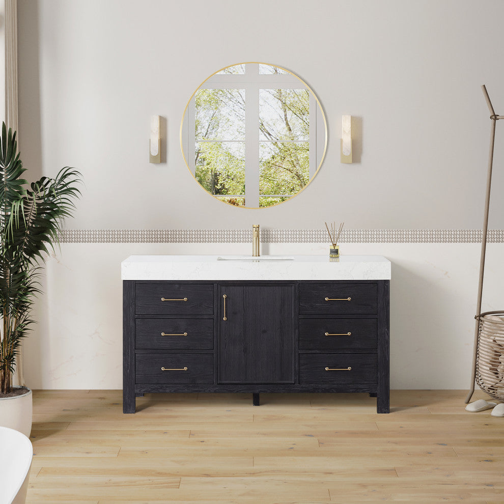 Leon Bath Vanity With Composite Stone Top, Fir Wood Black, 60"single Sink, No Mirror