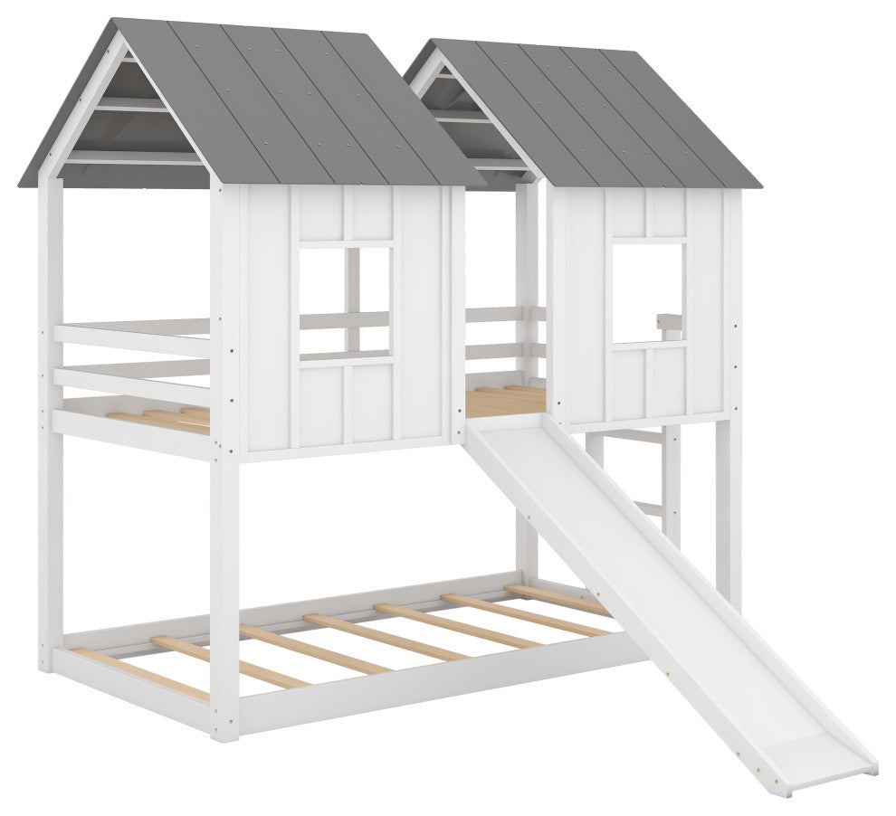 Gewnee Wood Twin Over Twin Bunk Bed House Bed in White