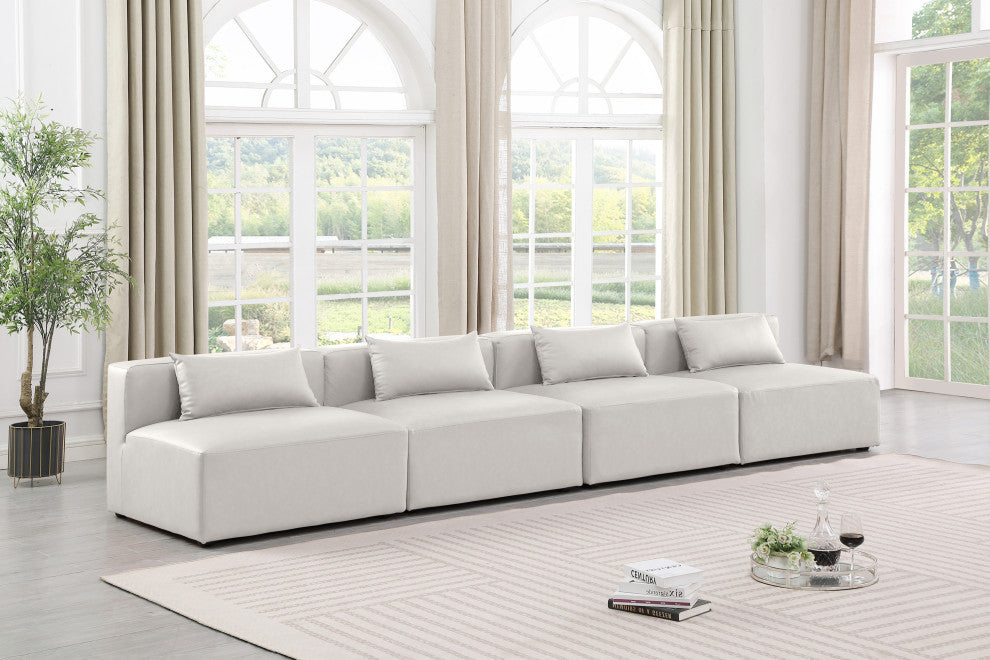 Cube Upholstered Modular Sofa, Cream, 4-Piece: 4 Armless Chair, Vegan Leather