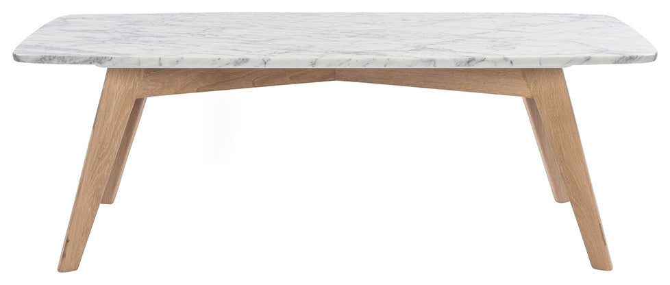 Faura 18" x 43.5" Rectangular Italian Carrara White Marble Table With Oak Legs