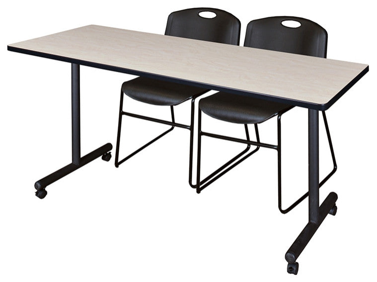 60" x 24" Kobe Mobile Training Table- Maple & 2 Zeng Stack Chairs- Black
