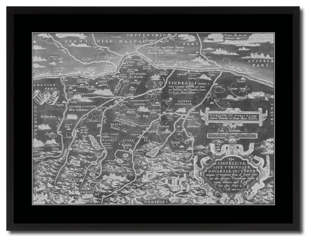 Germany Bavaria Monochrome Map Print On Canvas With Black Frame, 28" X 37"