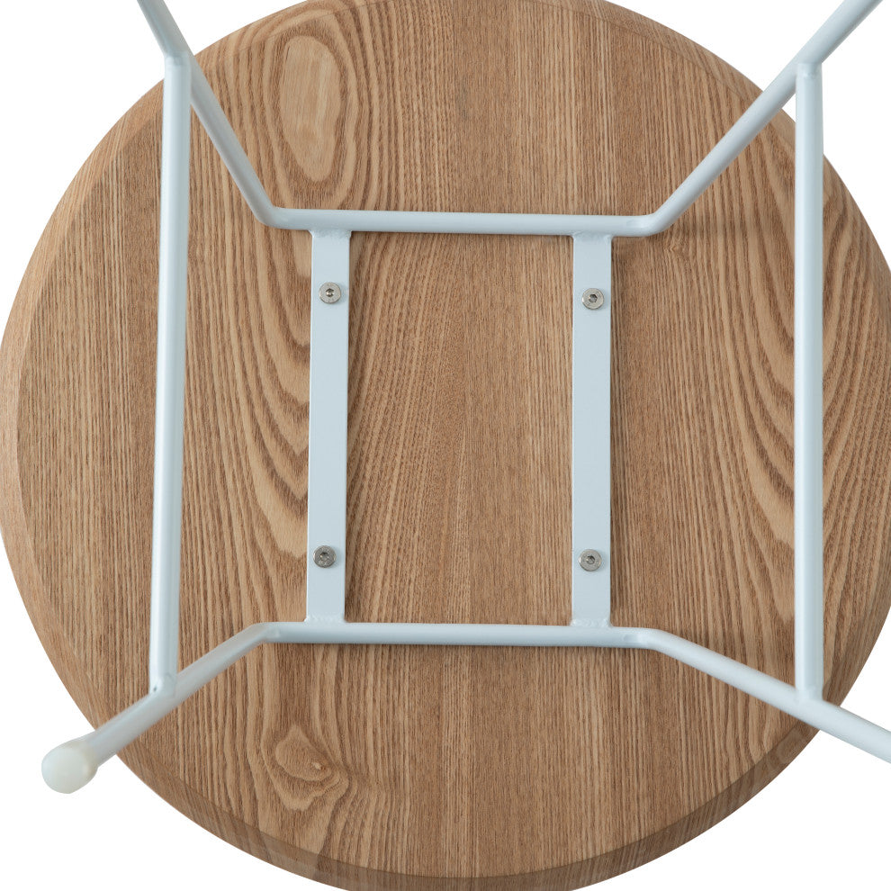 LeisureMod Rossmore Modern Round Side Table With White Steel Frame, Natural Wood