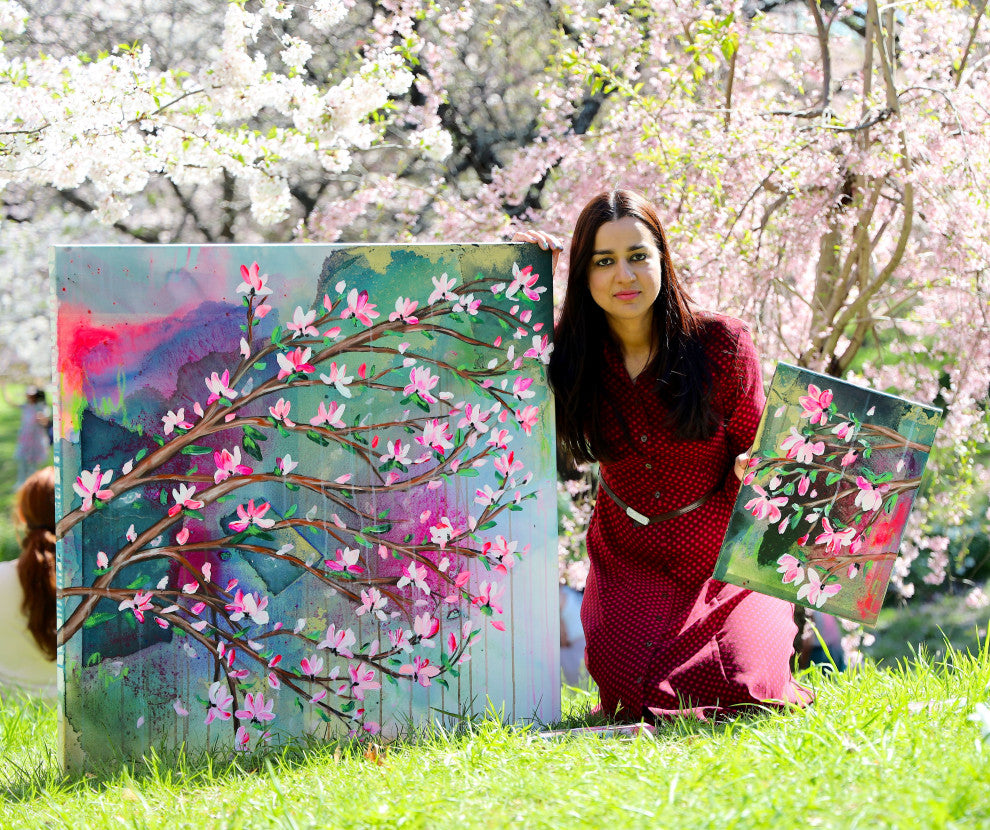 Cherry blossom, Abstract tree art, japanese magnolia painting, blossom tree art