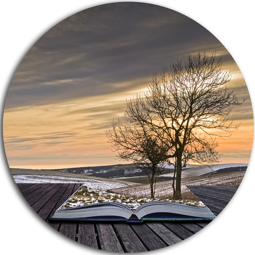 Winter Coming Out Of Pages, Contemporary Art Round Metal Wall Art, 11"