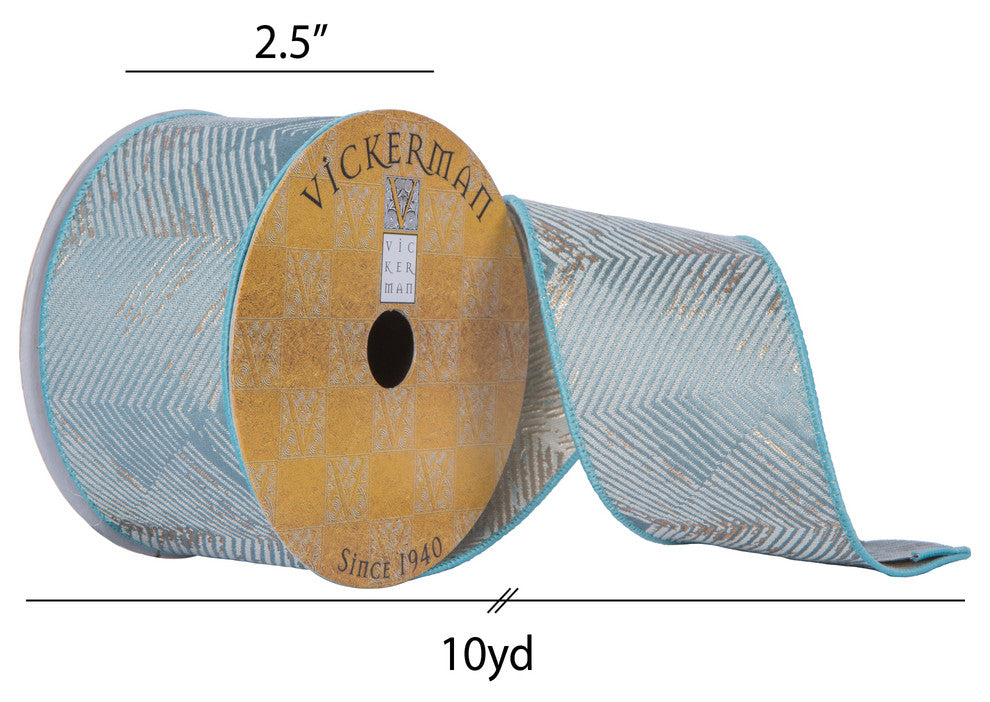 Vickerman Q202232 2.5"X10 Yard Teal Chevron Pattern Sheen Christmas Ribbon