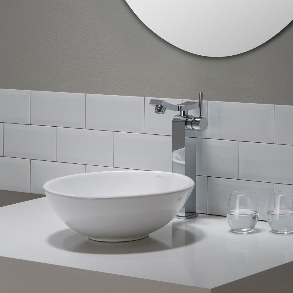 Elavo Ceramic Round Vessel White Sink, PU Drain Chrome