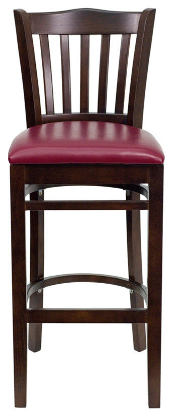 Vertical Slat Back Walnut Wood Restaurant Barstool, Burgundy Vinyl Seat
