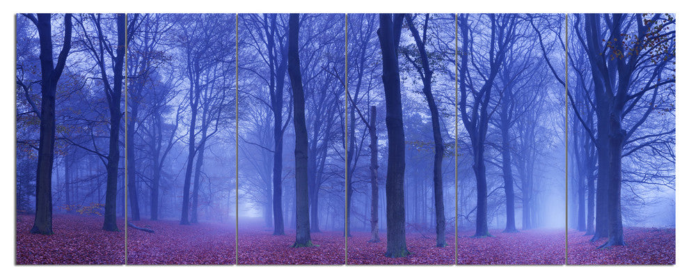 Two Paths in Foggy Blue Forest, Landscape Canvas Art Print, 70"x28", 6 Panels