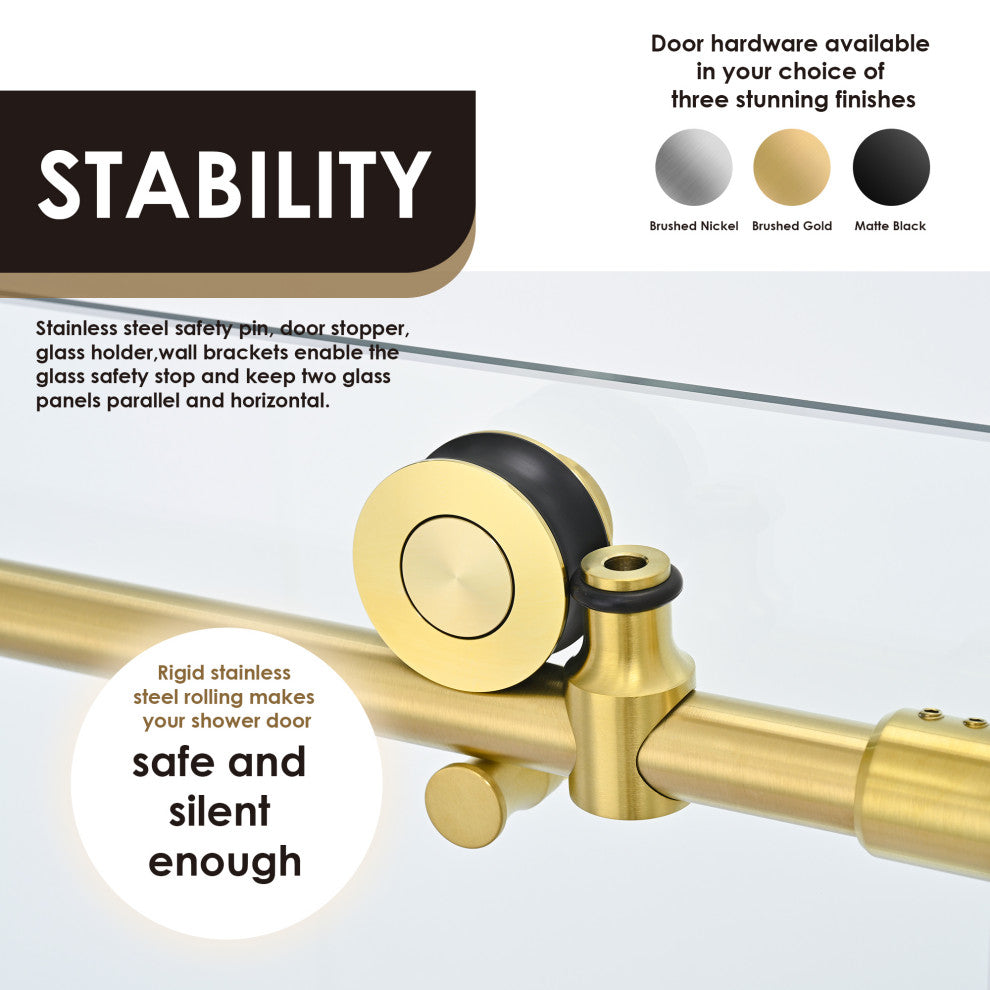 Lazaro Single Sliding Frameless Tub Door, Clear Glass, Brushed Gold, 60"wx58"h