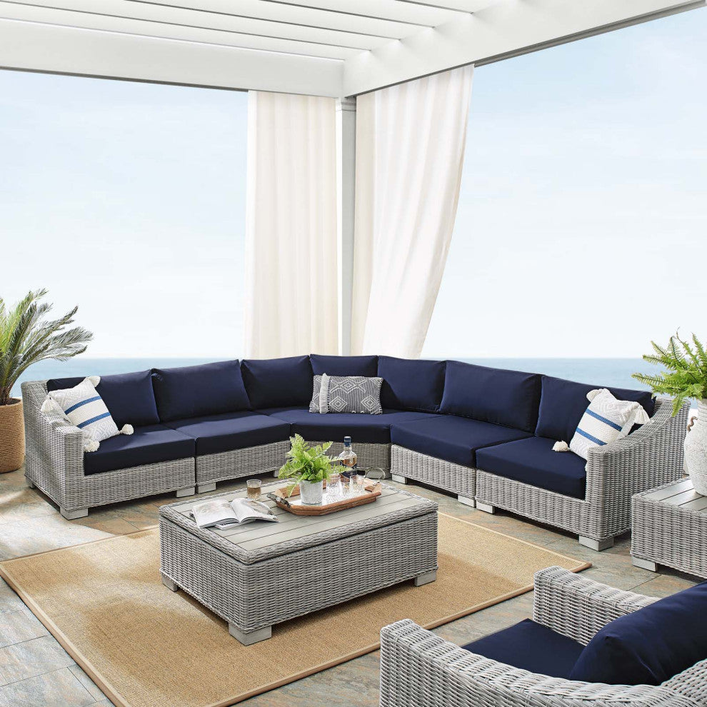Lounge Sectional Sofa Chair Table Set, Rattan, Gray Blue Navy, Outdoor