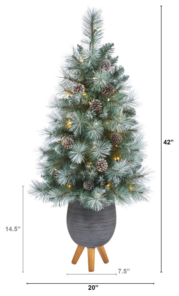 3.5' Frosted British Columbia Pine Faux Xmas Tree W/Lights, Pinecones