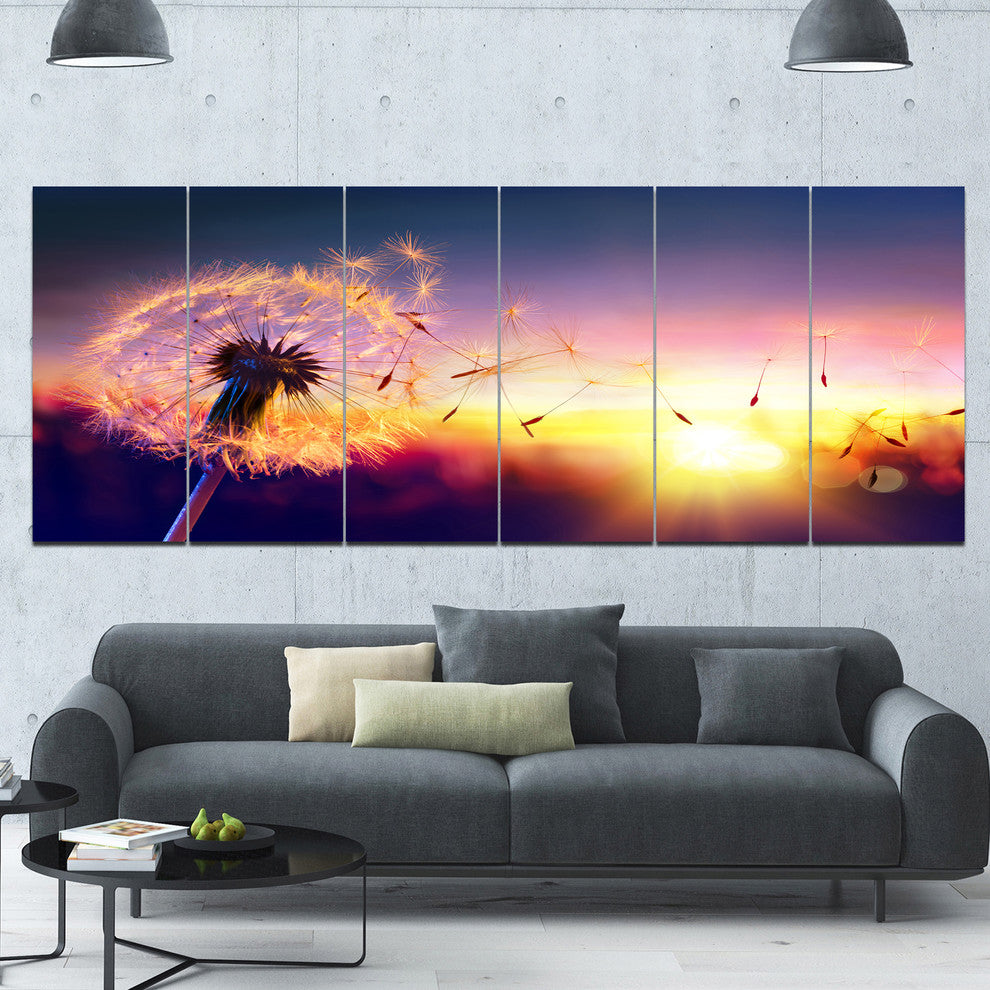 Dandelion at Sunset Freedom to Wish, Abstract Wall Art Canvas, 70"x28", 6 Panels