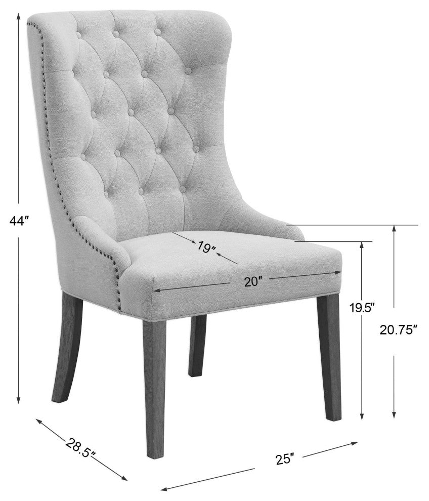 Elegant Curved Back Soft Blue Gray Wing Chair, Button Tufted Ring Pull Retro
