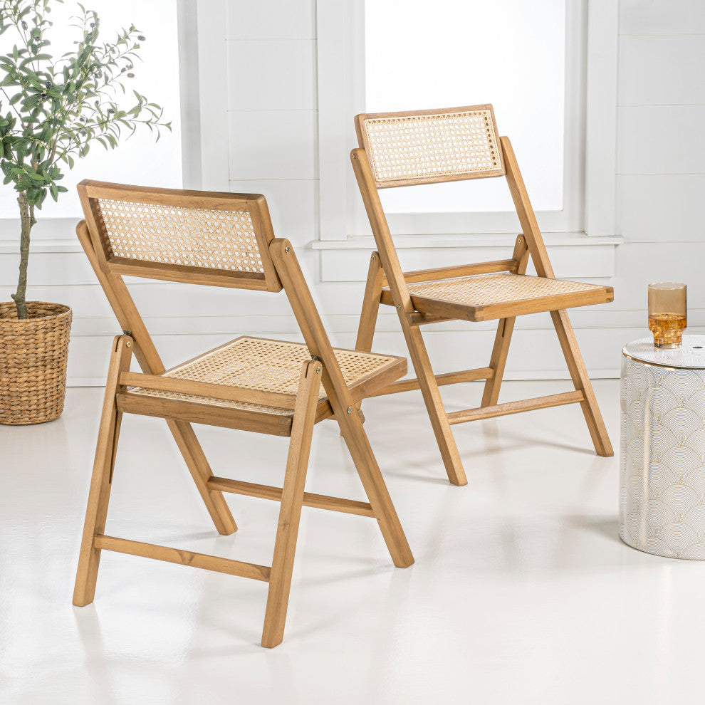 Vintage Wood Rattan Folding Chair, Adjustable Back, Light Brown, Set of 2