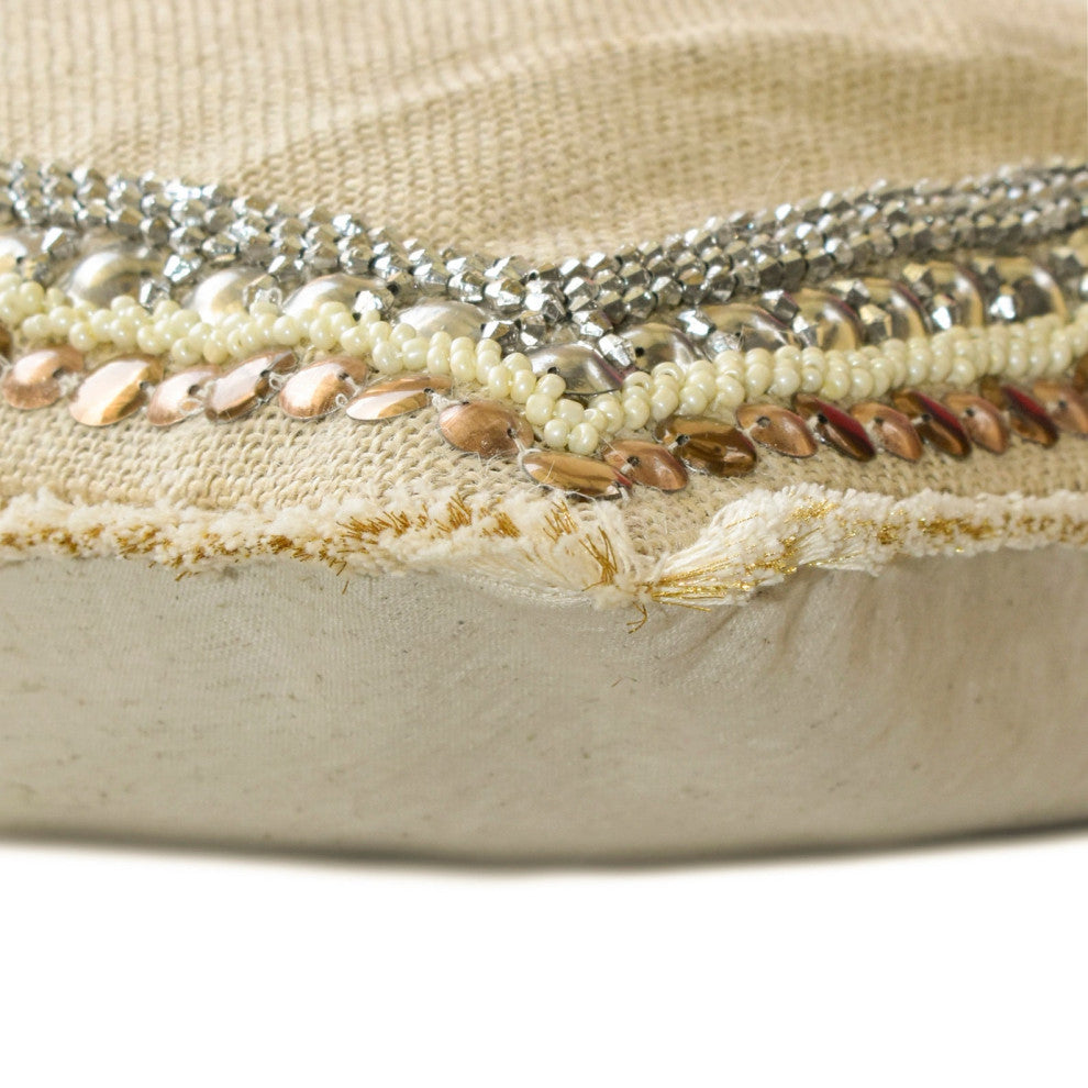 Beige Burlap 12"x18" Lumbar Pillow Cover Lace Beads Sequins Embroidery - Soraya