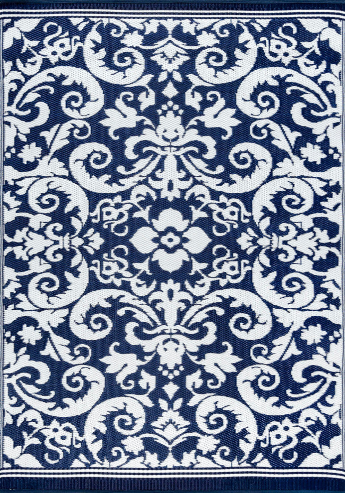 Carrero Transitional Scroll Navy/White Rectangle Indoor/Outdoor Area Rug, 9'x12'