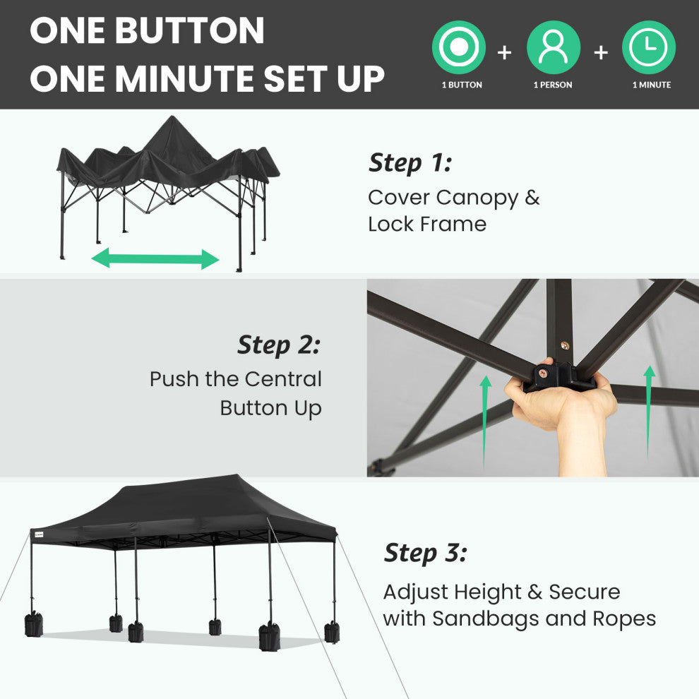 JEAREY Pop Up Canopy Tent, Outdoor Canopy, 4 Sand Bags, Black, 10x20ft