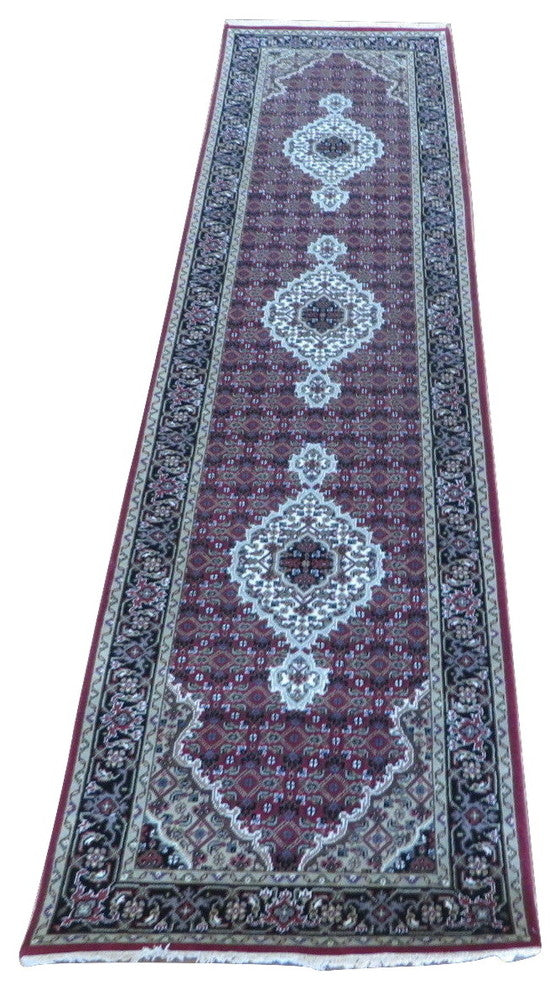 2'7x9'9 Runner Handmade Red Black Mahi Tabriz Oriental Rug With Silk