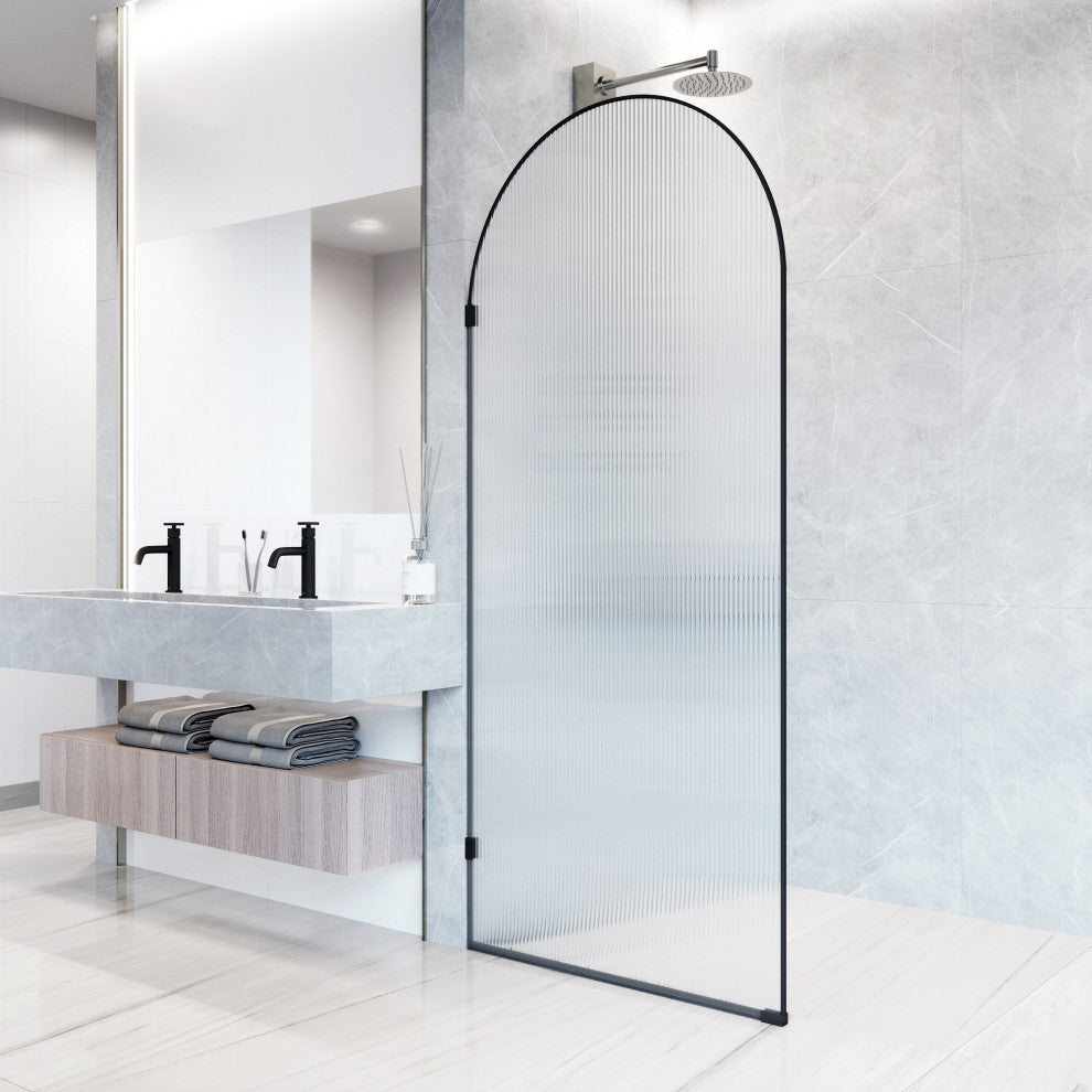 VIGO Arden 34" W x 78" H Frameless Fixed Shower Screen, Framed, Matte Black, Fluted Glass