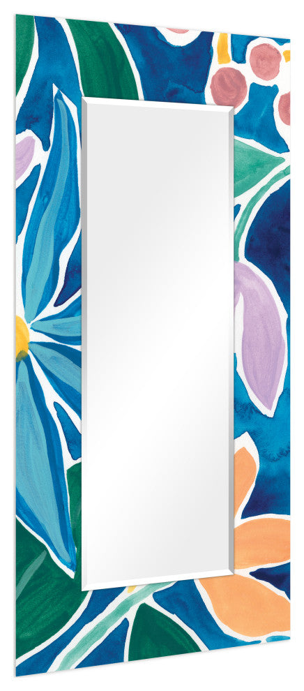 Blue Rectangular Beveled Mirror on Free Floating Printed Tempered Art Glass