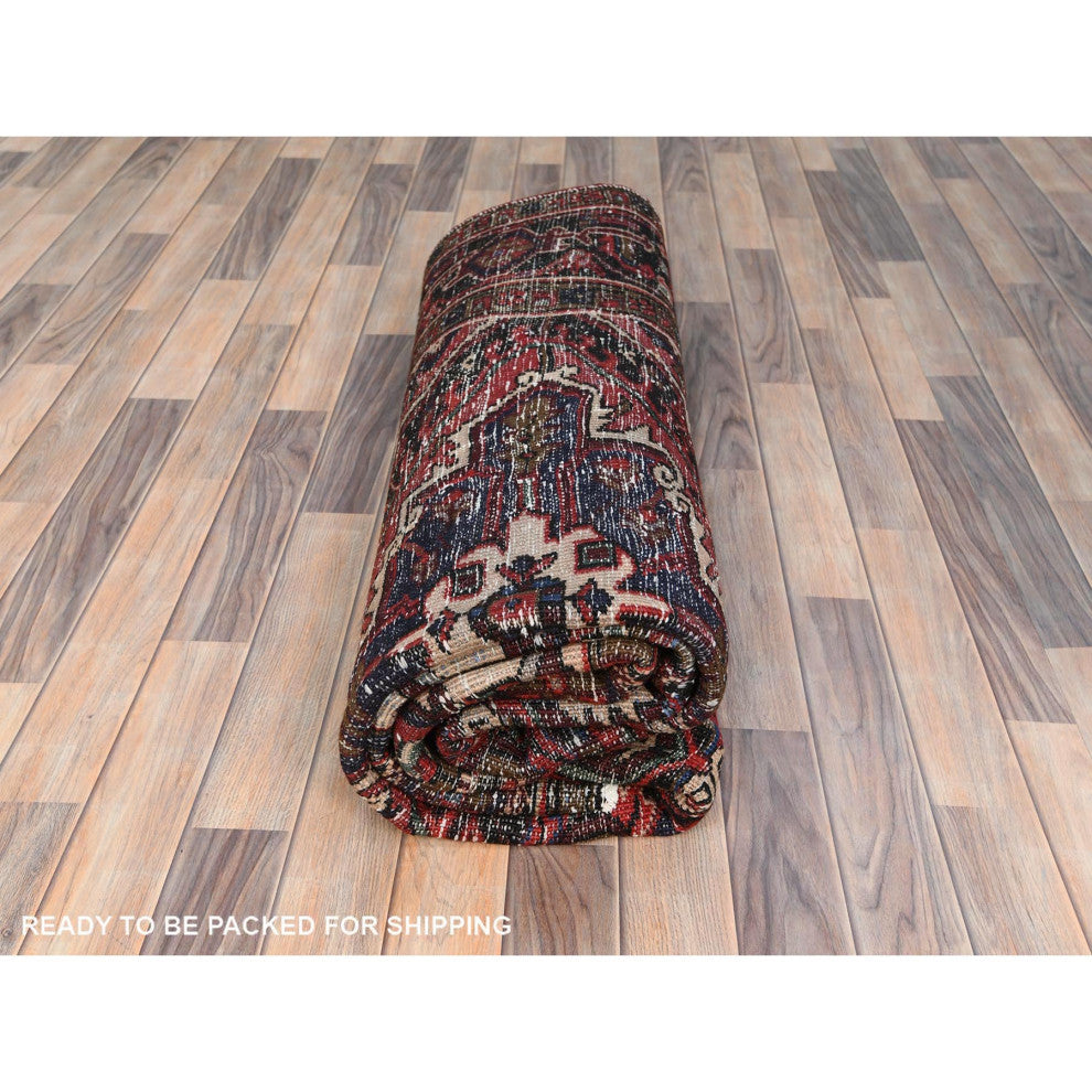 Tomato Red Vintage Zorostrian Heris Hand Knotted Worn Wool Rug, 6'8"x9'3"