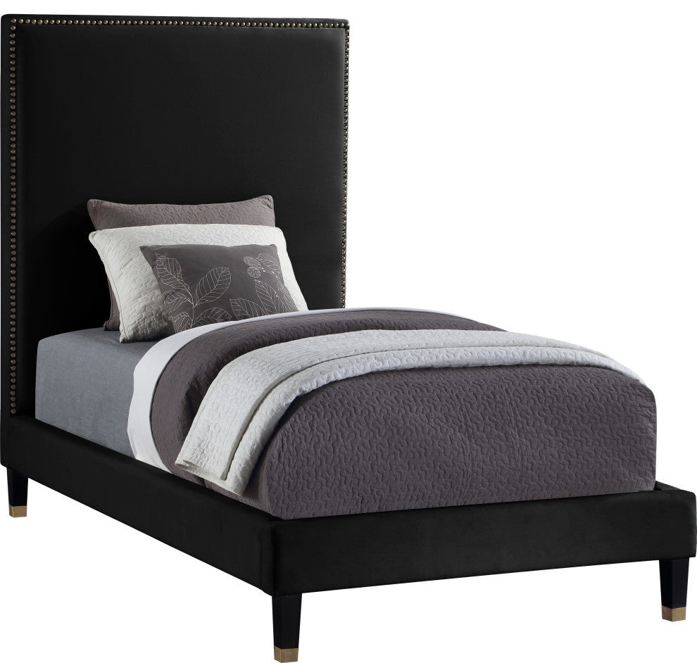 Harlie Velvet Upholstered Bed, Black, Twin