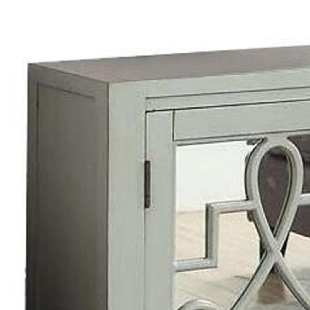 Benzara BM154245 72" Console Table With 3 Mirror Doors, Lattice Design, Gray