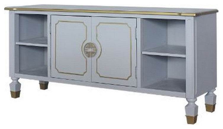 Benzara BM251380 TV Stand With 4 Open Compartments and 1 Double Door, White