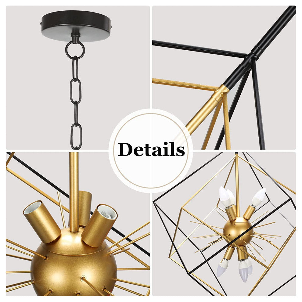 6 Light Modern Sputnik Chandelier Adjustable Black and Gold Cage Pendant Lamp