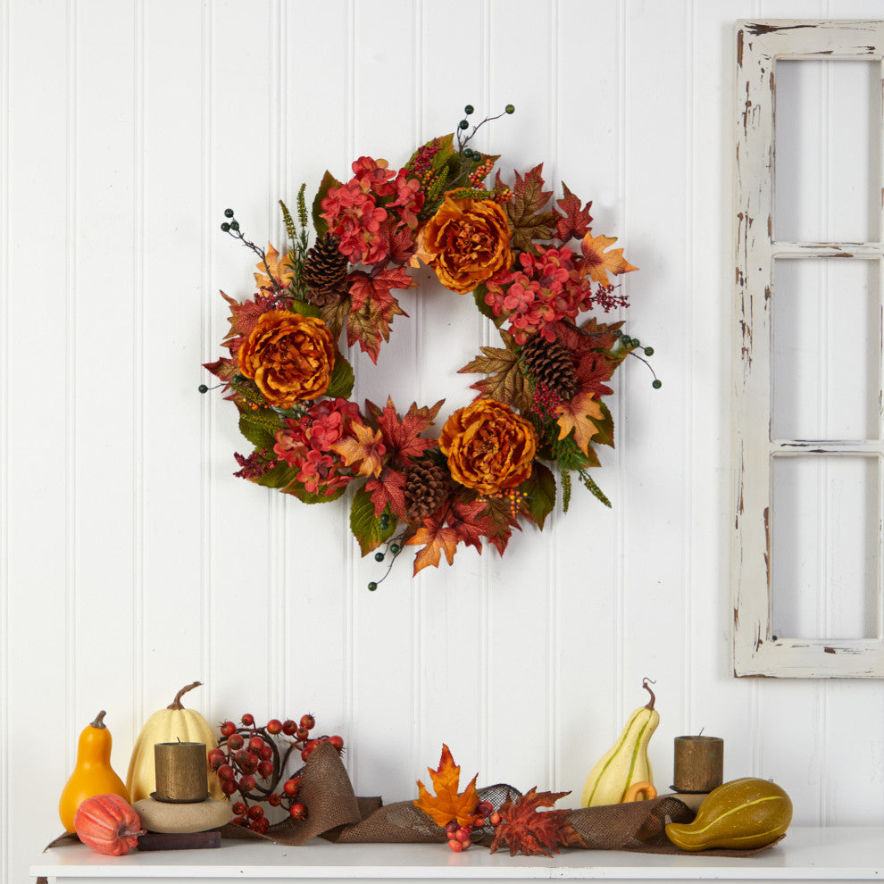 W1229 25 Fall Ranunculus, Hydrangea and Berries Autumn Artificial Wreath