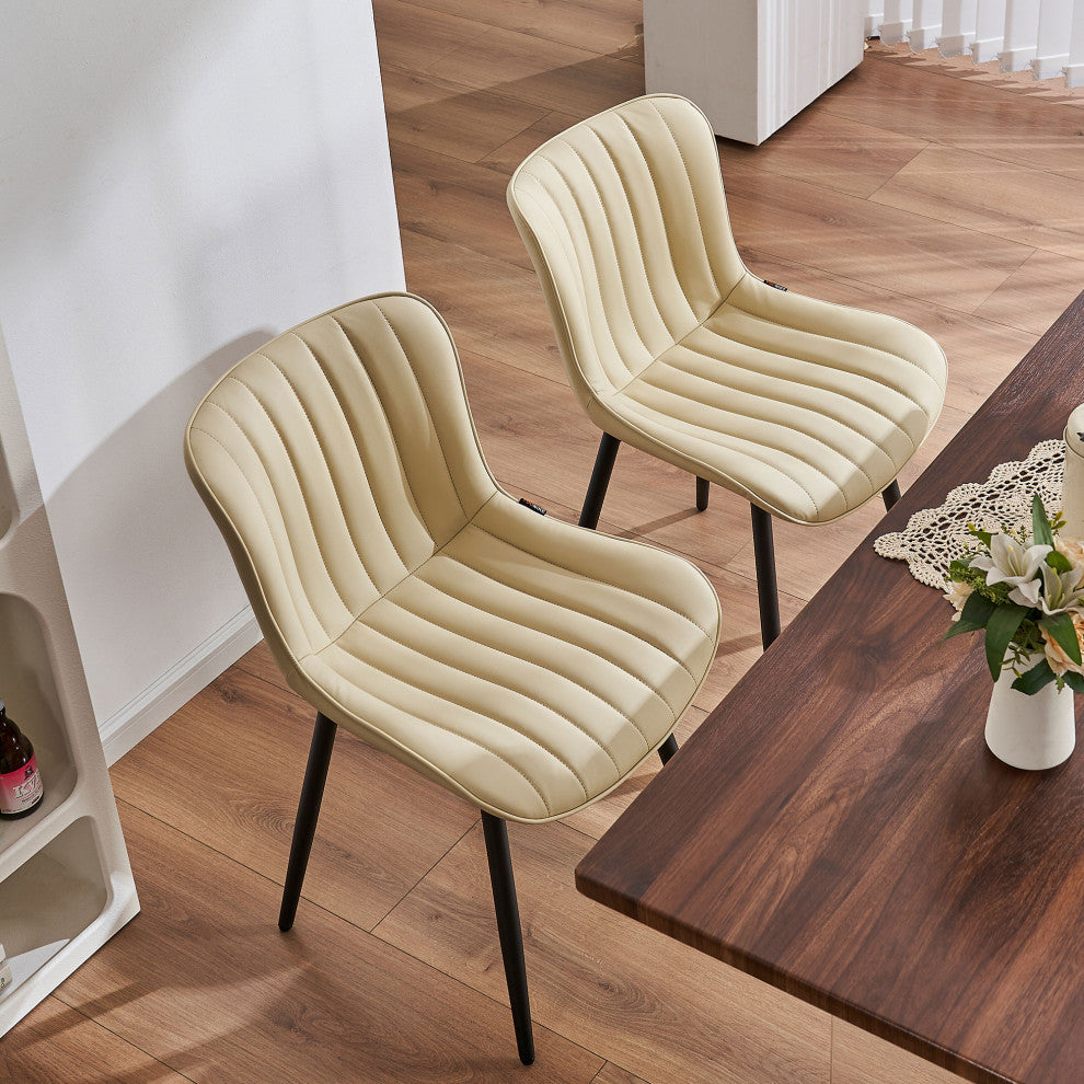 Younike Dining Chair Set of 2, Liner Pattern Faux Leather, Beige