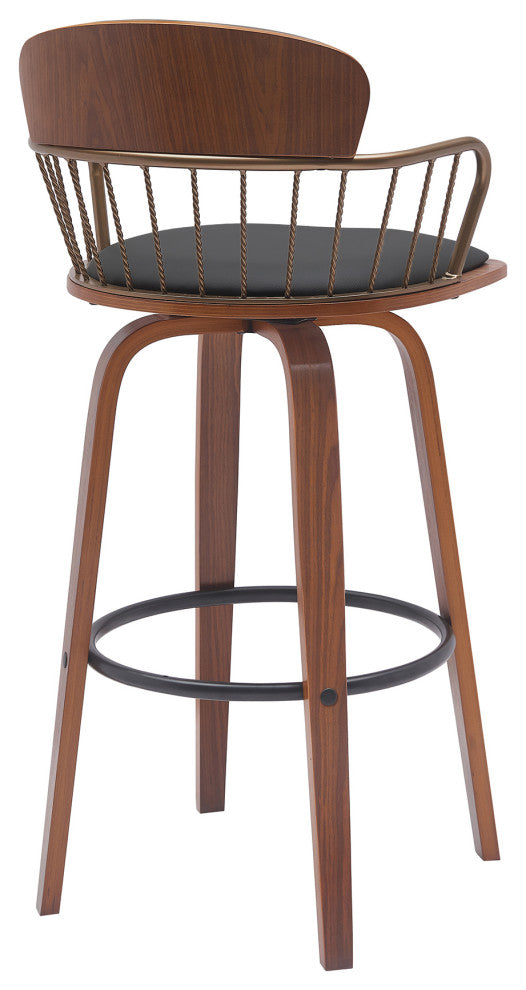 Willow 25.5" Swivel Walnut Wood Counter Stool, Black Faux Leather Bronze Metal, 30