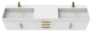 CastelloUSA Amazon 84" Wall Mounted Bathroom Vanity Set, White, White Top, Gold Handles