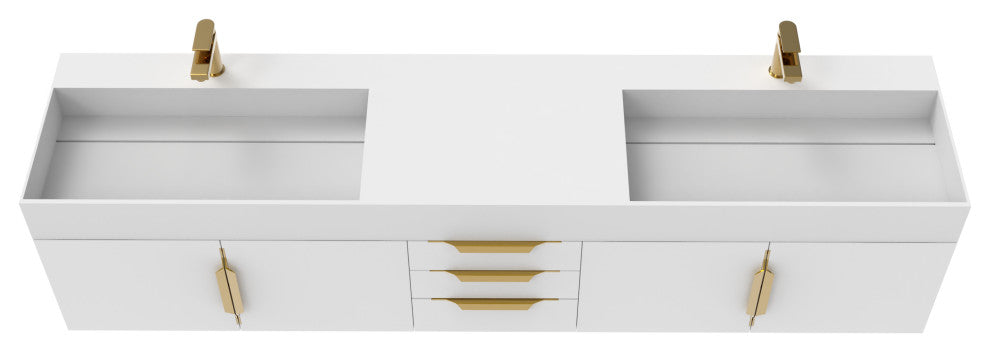 CastelloUSA Amazon 84" Wall Mounted Bathroom Vanity Set, White, White Top, Gold Handles