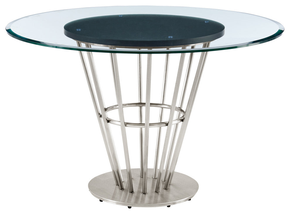 Veronica Shannon Round Dining Table 5-Piece Set, Brushed Steel, Gray Fabric