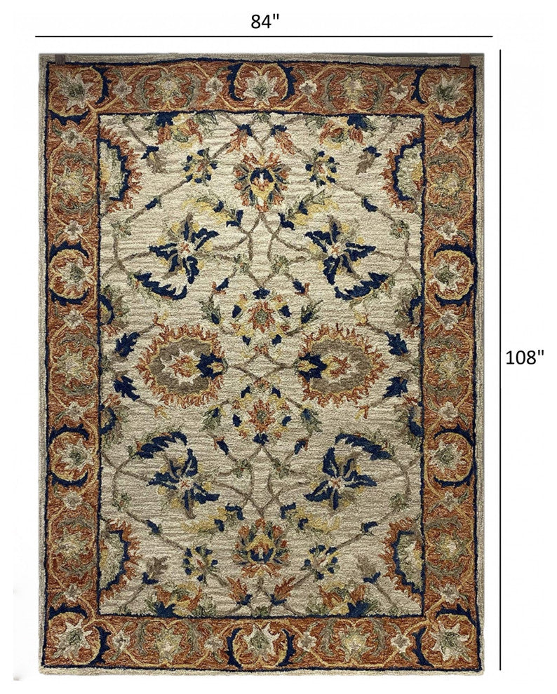 7" x 9" Beige Traditional Floral Vines Area Rug