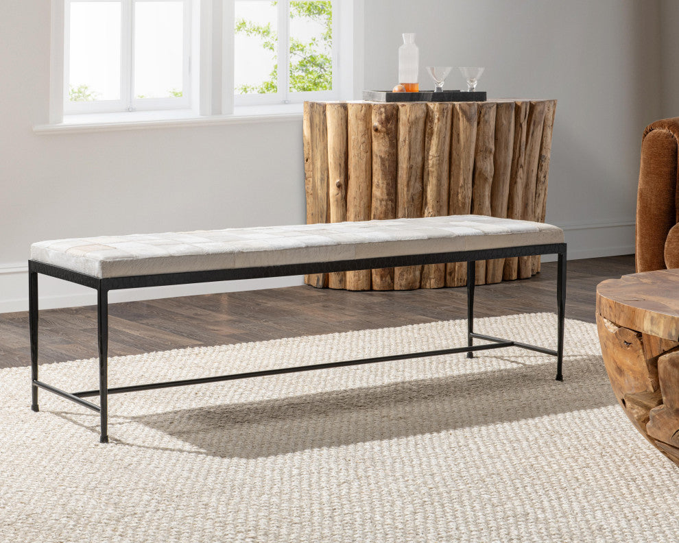 Achen Leather Hide Ottoman Bench by Kosas Home , Ivory, 60"