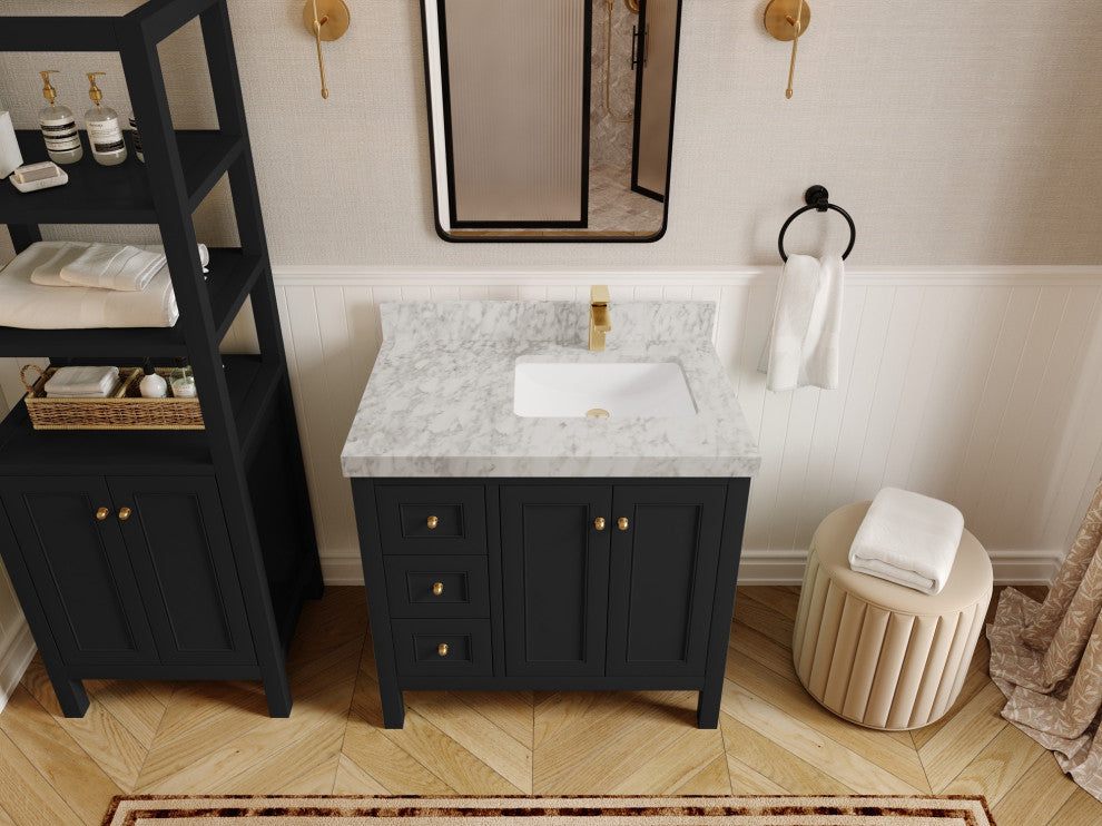 Nashville 36" Right Offset Bath Vanity, Black 2" Carrara Marble