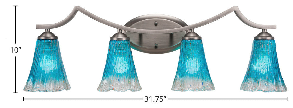 Zilo 4 Light Bath Bar, Graphite Finish, 5.5" Fluted Teal Crystal Glass